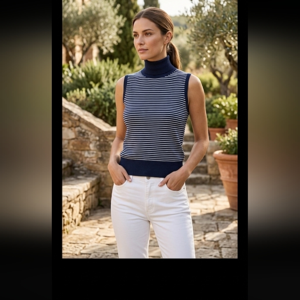 NEW Diane Gilman Women's sleeveless turtleneck navy & white striped top 1X